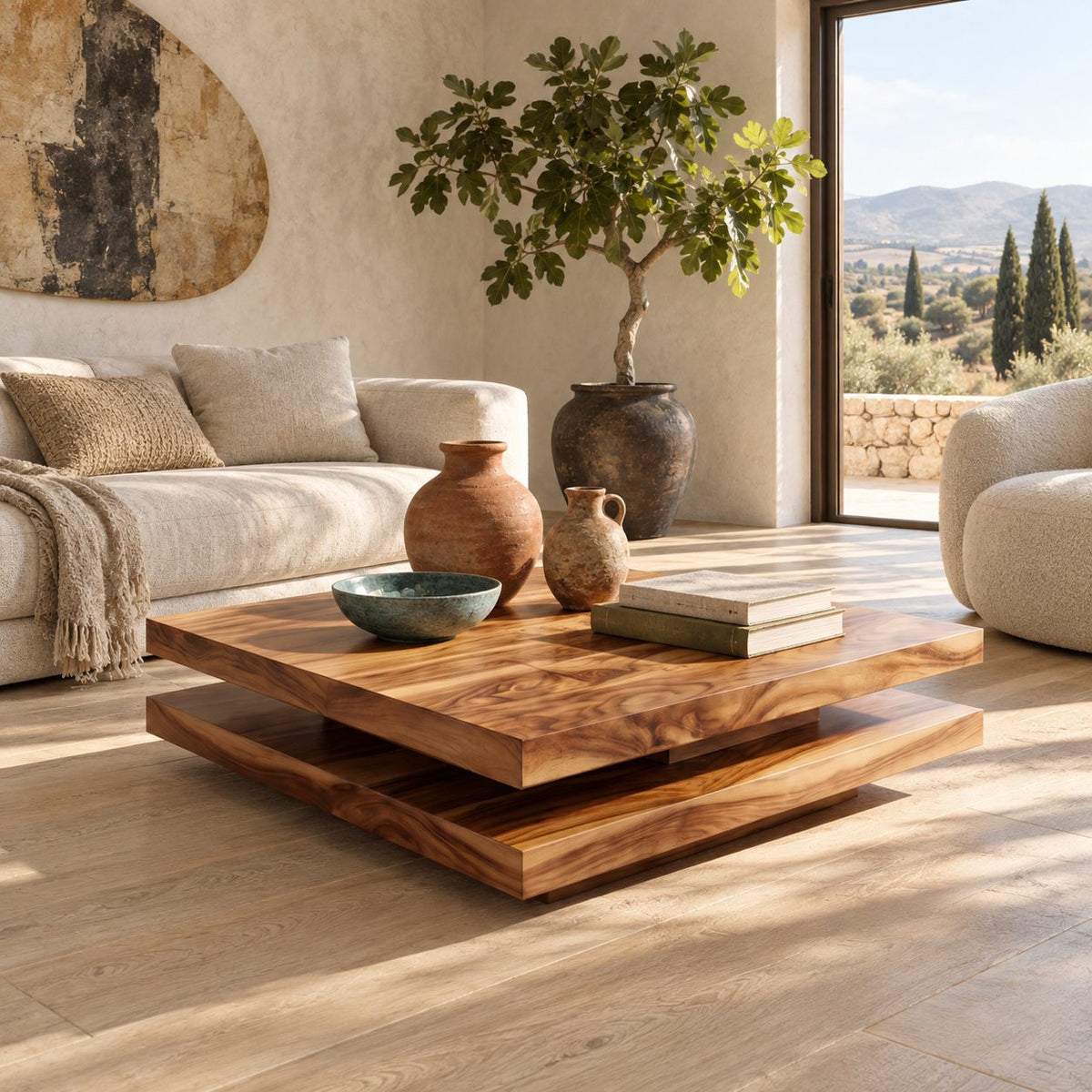 Modern Two Tier Solid Wood Coffee Table With Open Lower Deck For Living Room