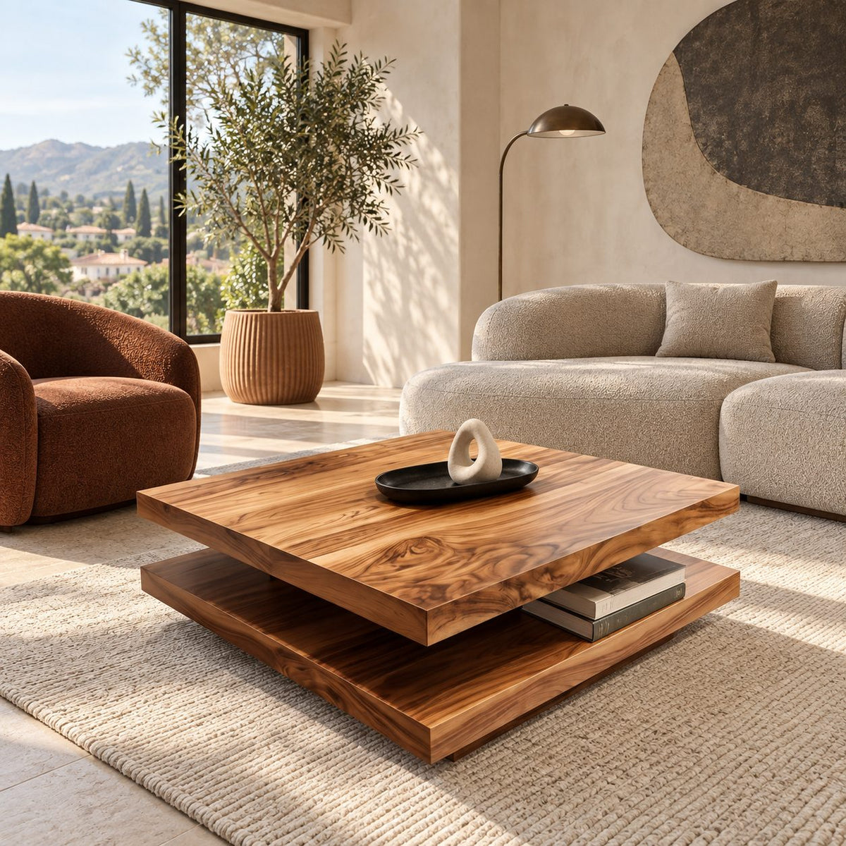 Modern Two Tier Solid Wood Coffee Table With Open Lower Deck For Living Room