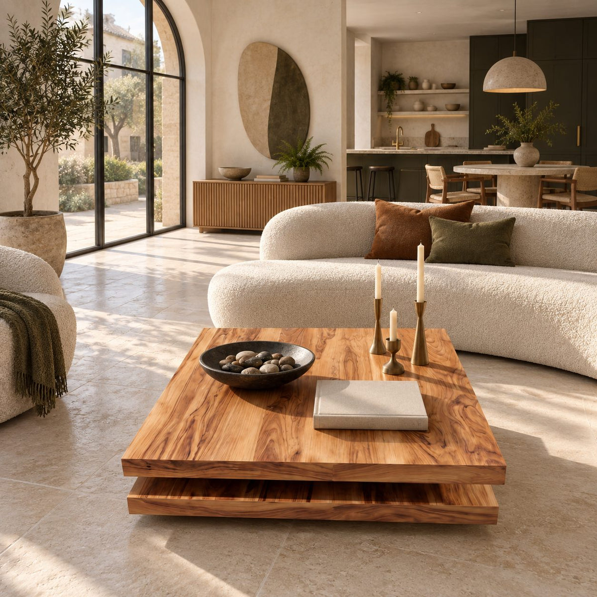 Modern Two Tier Solid Wood Coffee Table With Open Lower Deck For Living Room