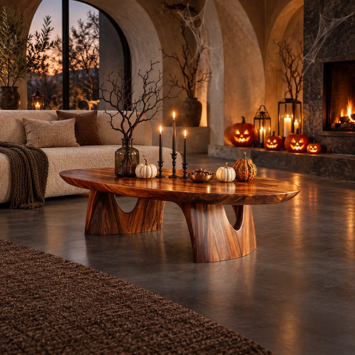 Sculptural Oval Coffee Table With Arched Pedestal Base For Living Room