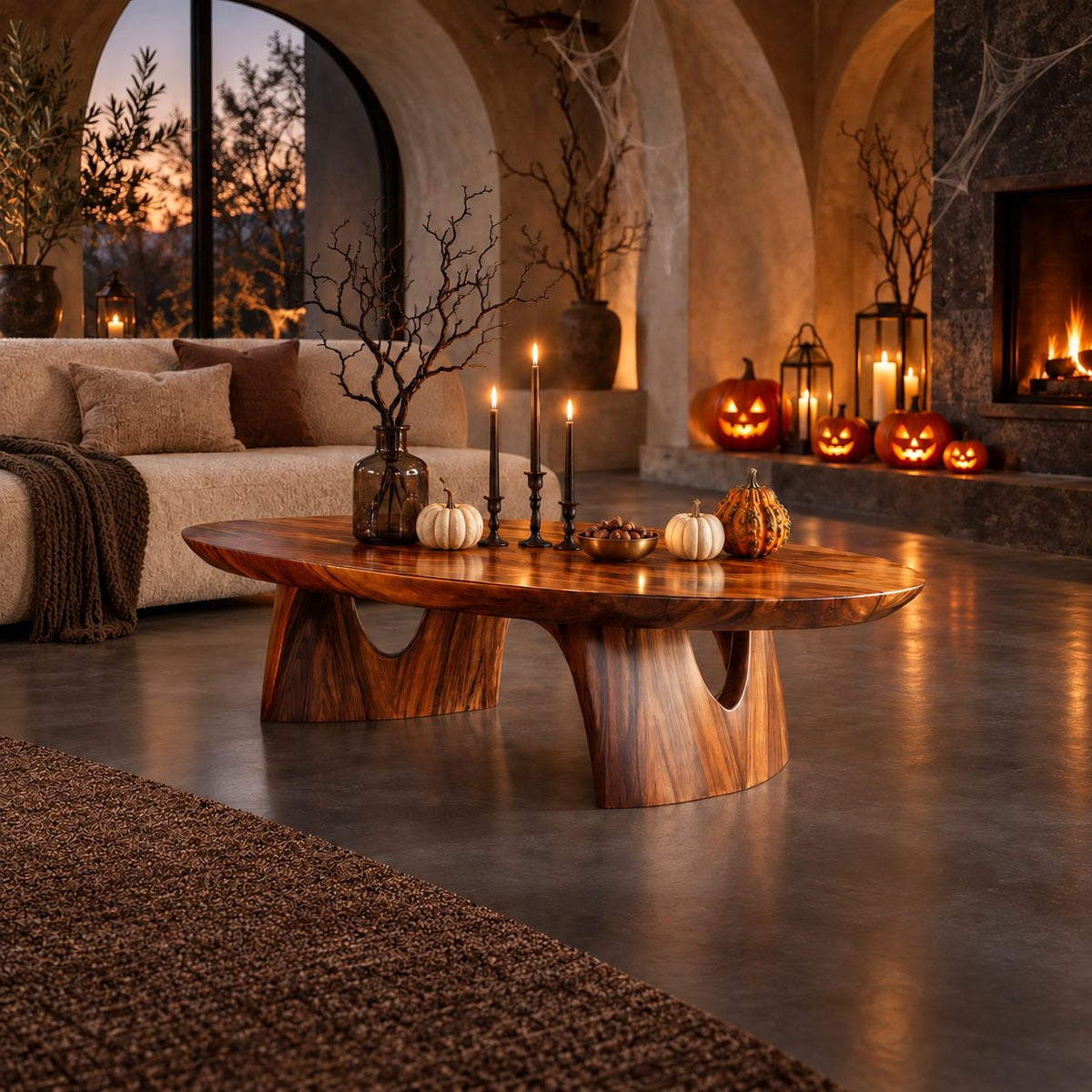Sculptural Oval Coffee Table With Arched Pedestal Base For Living Room
