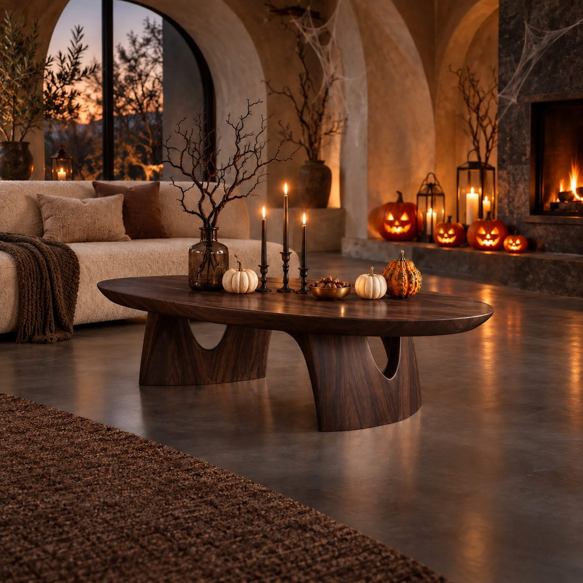 Sculptural Oval Coffee Table With Arched Pedestal Base For Living Room