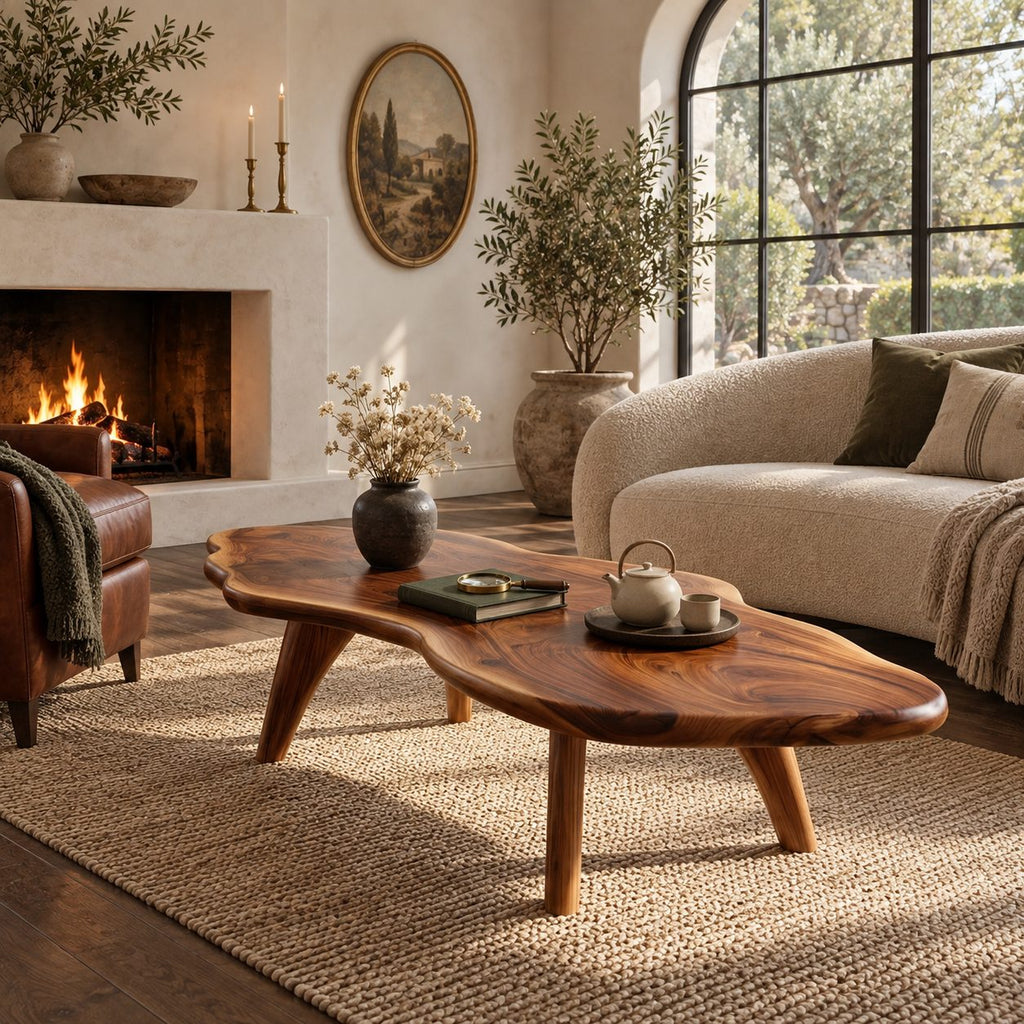 Minimalist Freeform Live Edge Coffee Table With Splayed Legs For Living Room