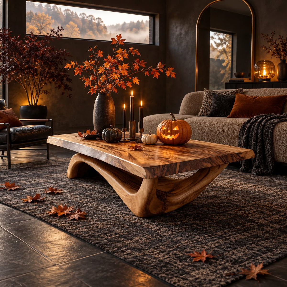 Rustic Live Edge Coffee Table With Hollow Arched Base For Living Room