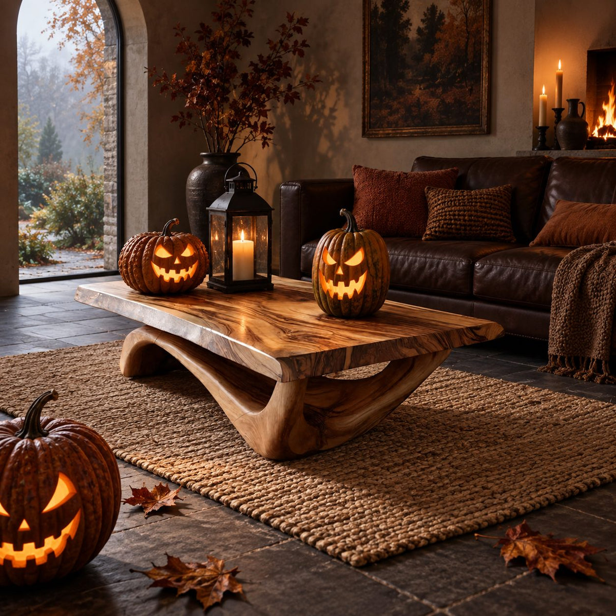 Rustic Live Edge Coffee Table With Hollow Arched Base For Living Room