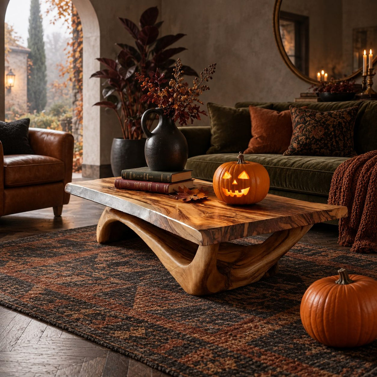 Rustic Live Edge Coffee Table With Hollow Arched Base For Living Room
