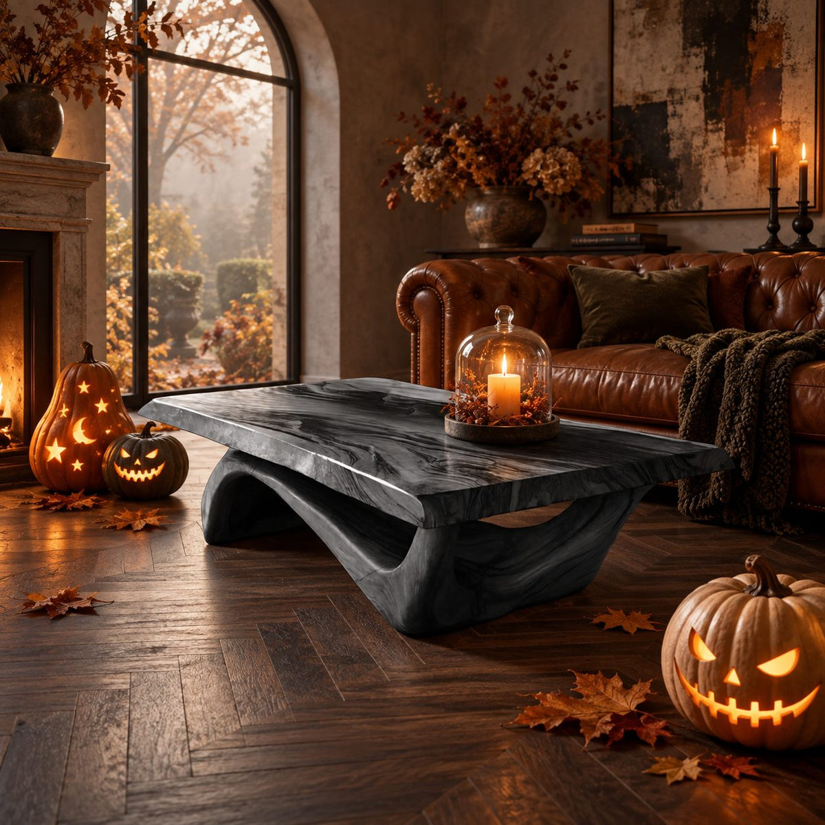 Rustic Live Edge Coffee Table With Hollow Arched Base For Living Room