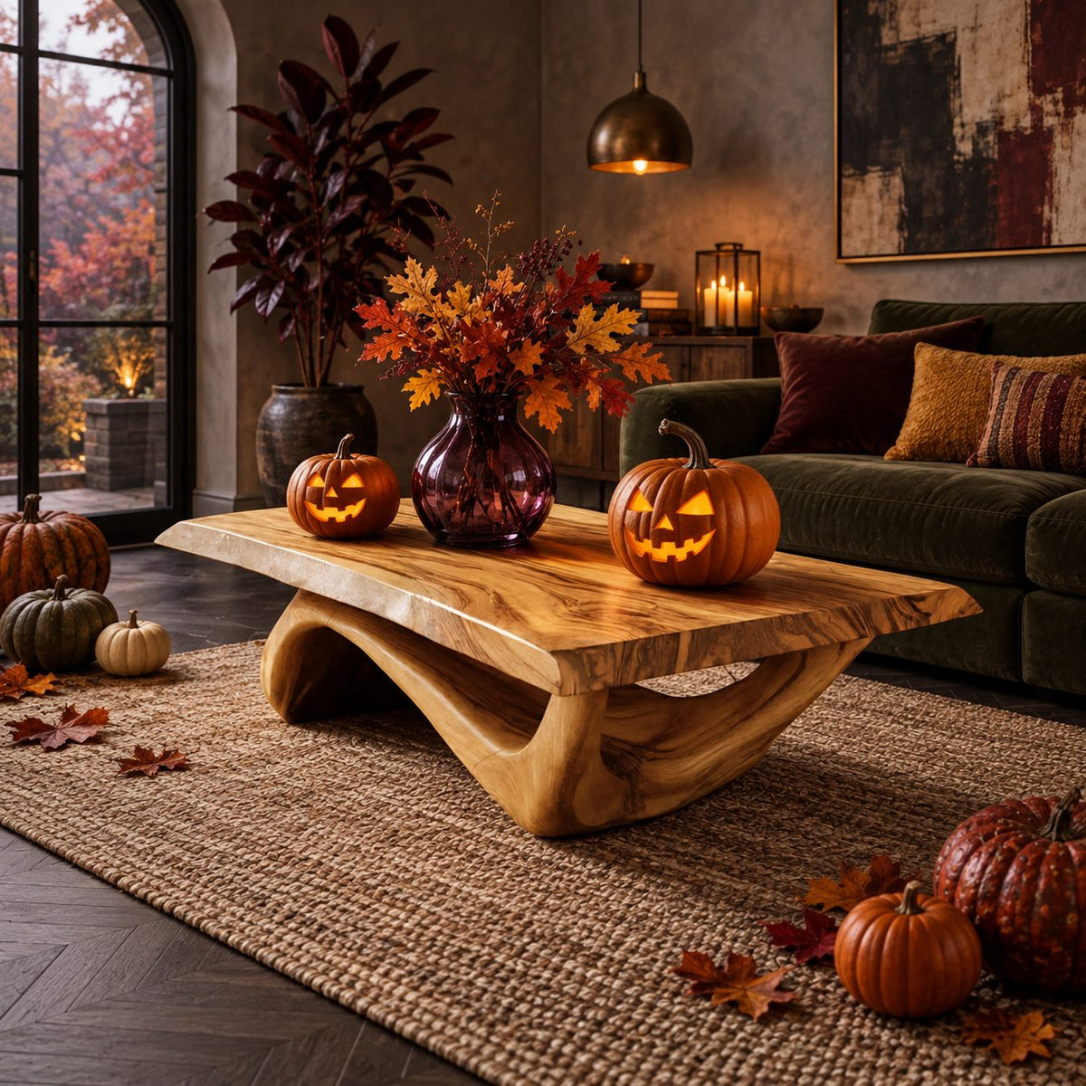 Rustic Live Edge Coffee Table With Hollow Arched Base For Living Room