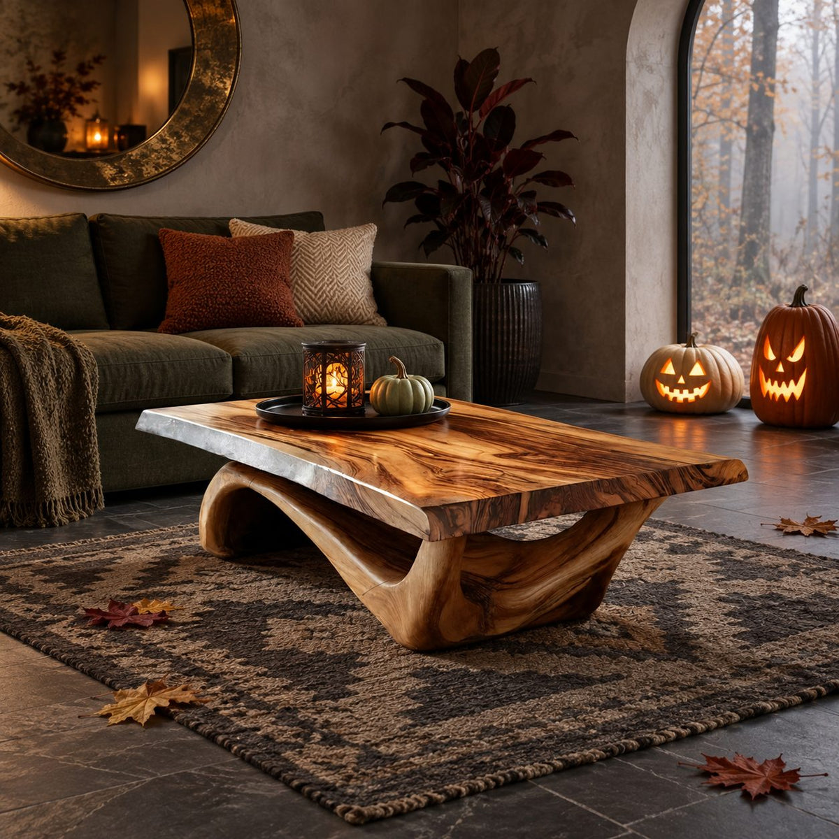 Rustic Live Edge Coffee Table With Hollow Arched Base For Living Room