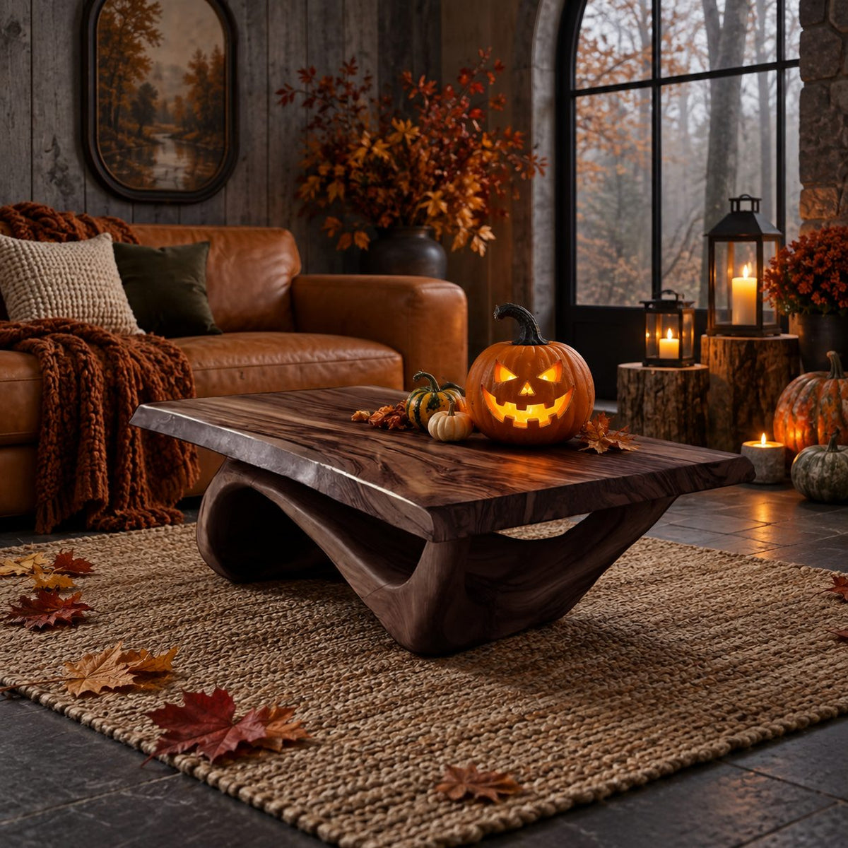Rustic Live Edge Coffee Table With Hollow Arched Base For Living Room