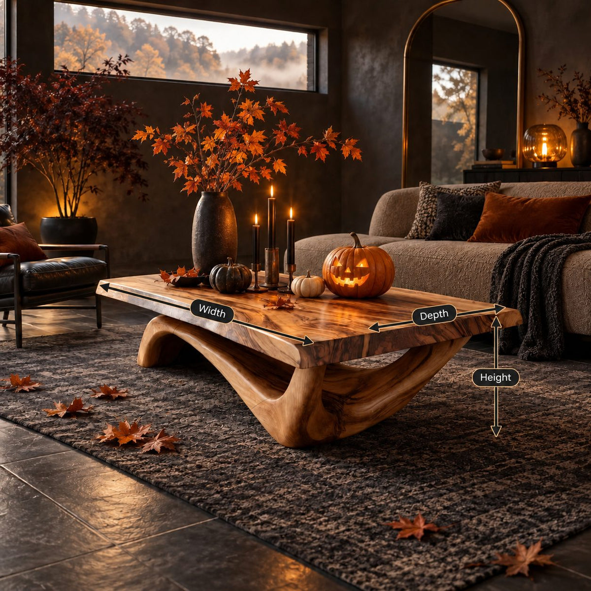Rustic Live Edge Coffee Table With Hollow Arched Base For Living Room