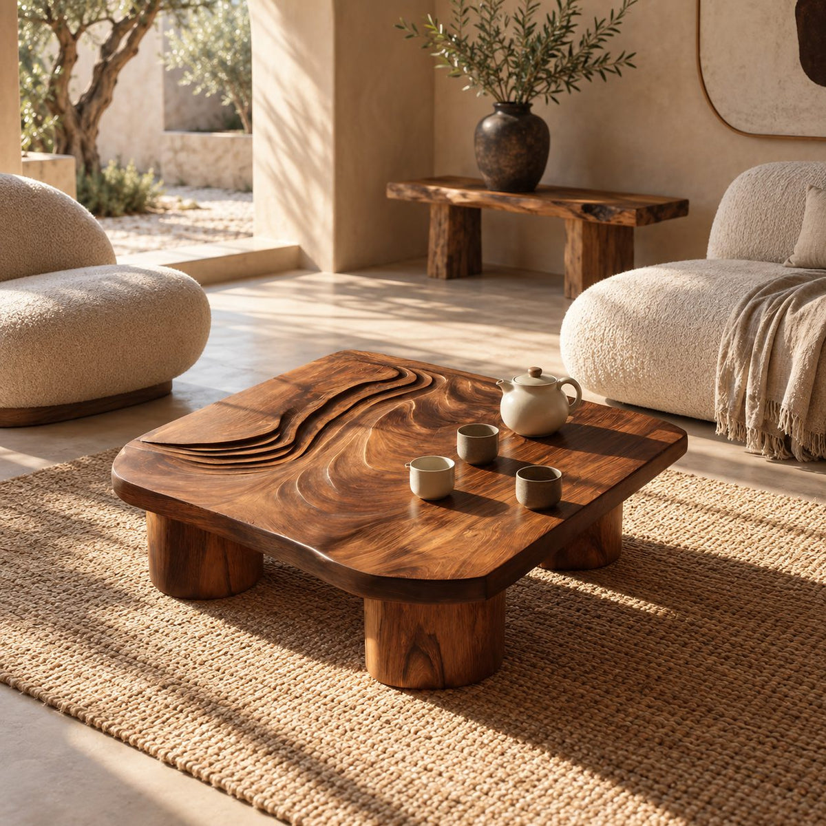 Contemporary Carved Wood Coffee Table With Chunky Stump Legs For Living Room