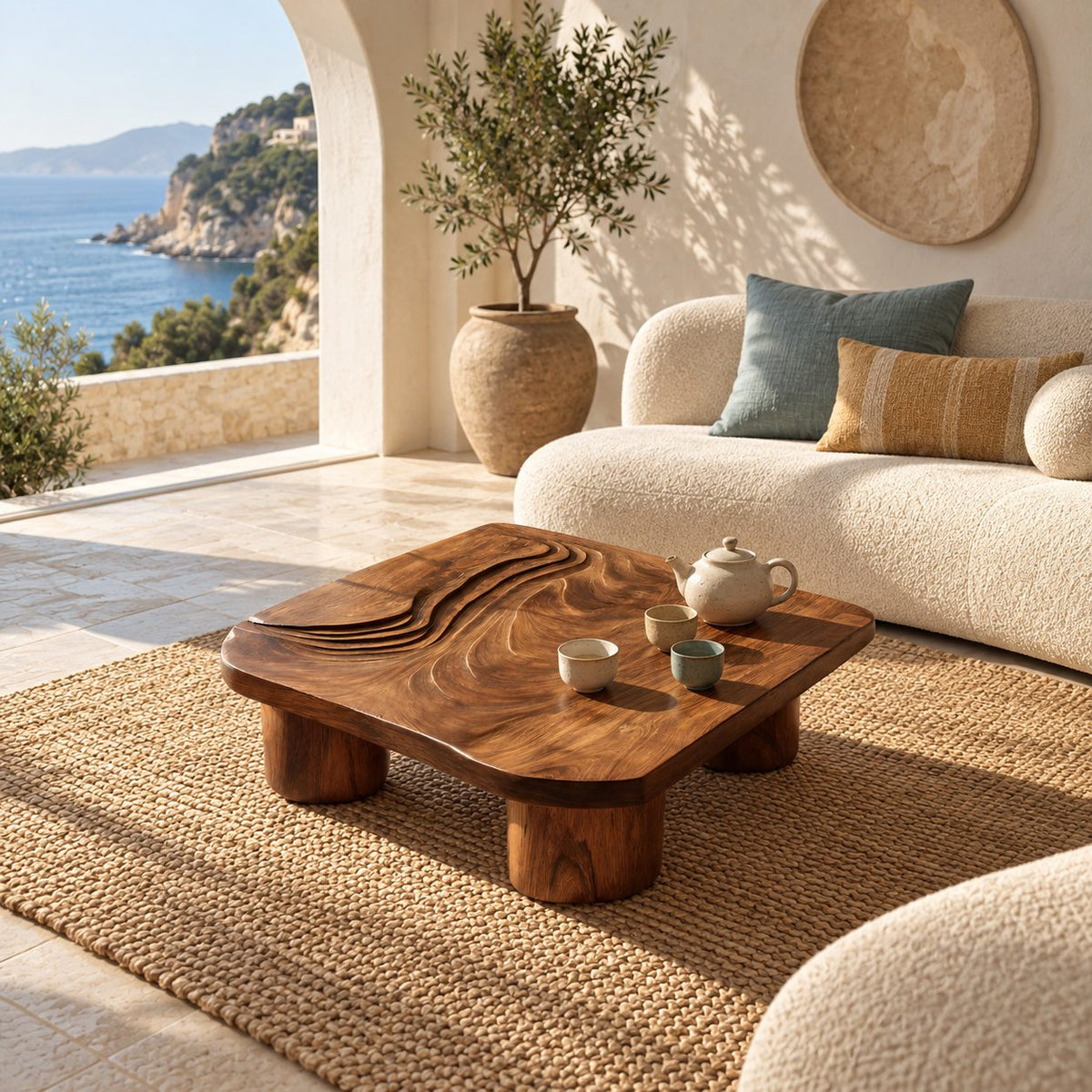 Contemporary Carved Wood Coffee Table With Chunky Stump Legs For Living Room