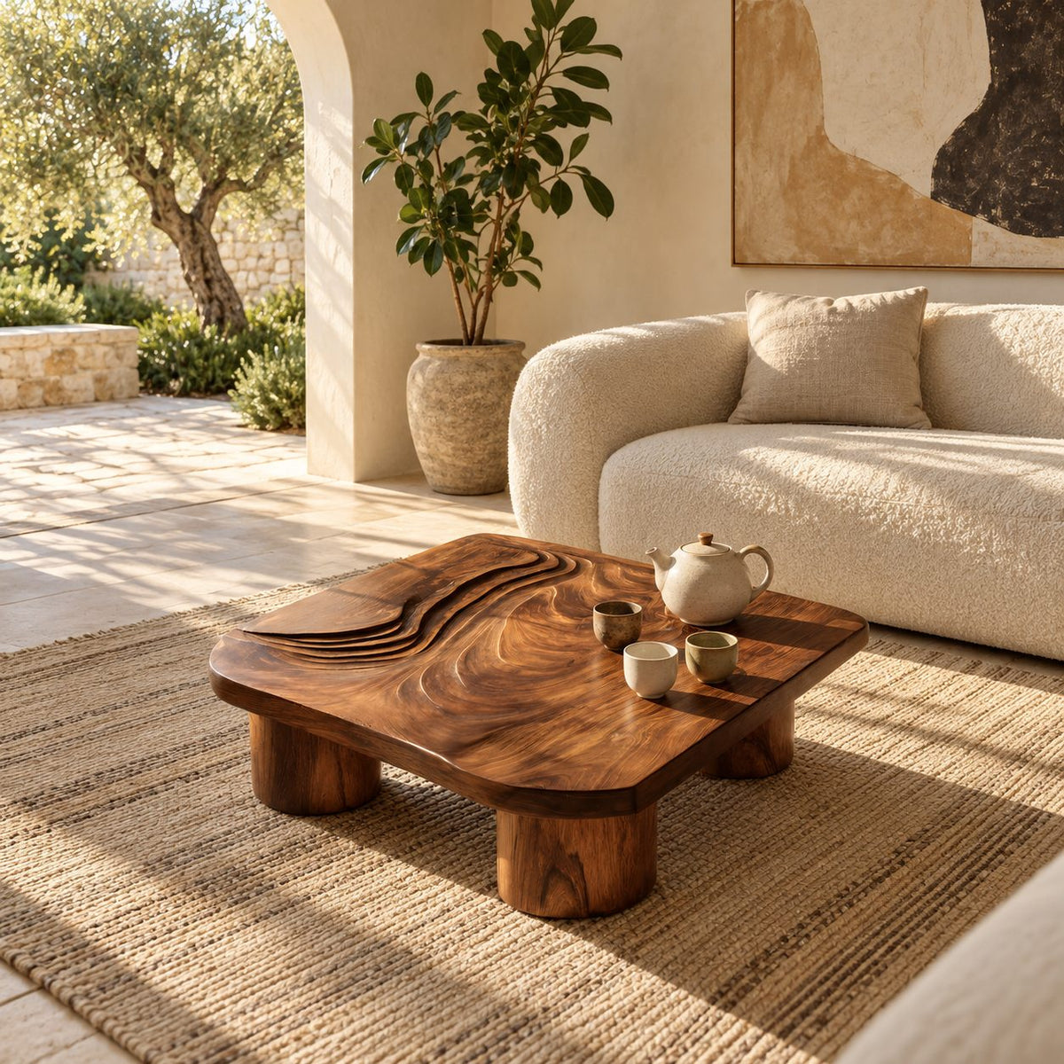 Contemporary Carved Wood Coffee Table With Chunky Stump Legs For Living Room