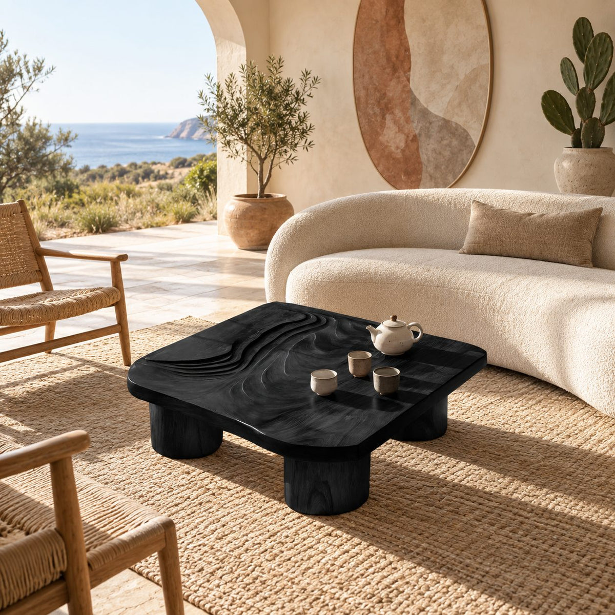 Contemporary Carved Wood Coffee Table With Chunky Stump Legs For Living Room
