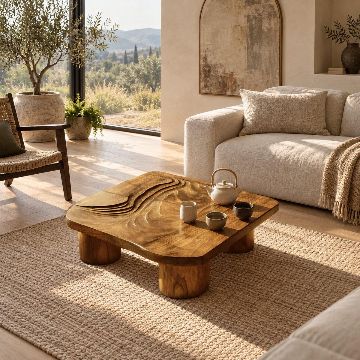 Contemporary Carved Wood Coffee Table With Chunky Stump Legs For Living Room