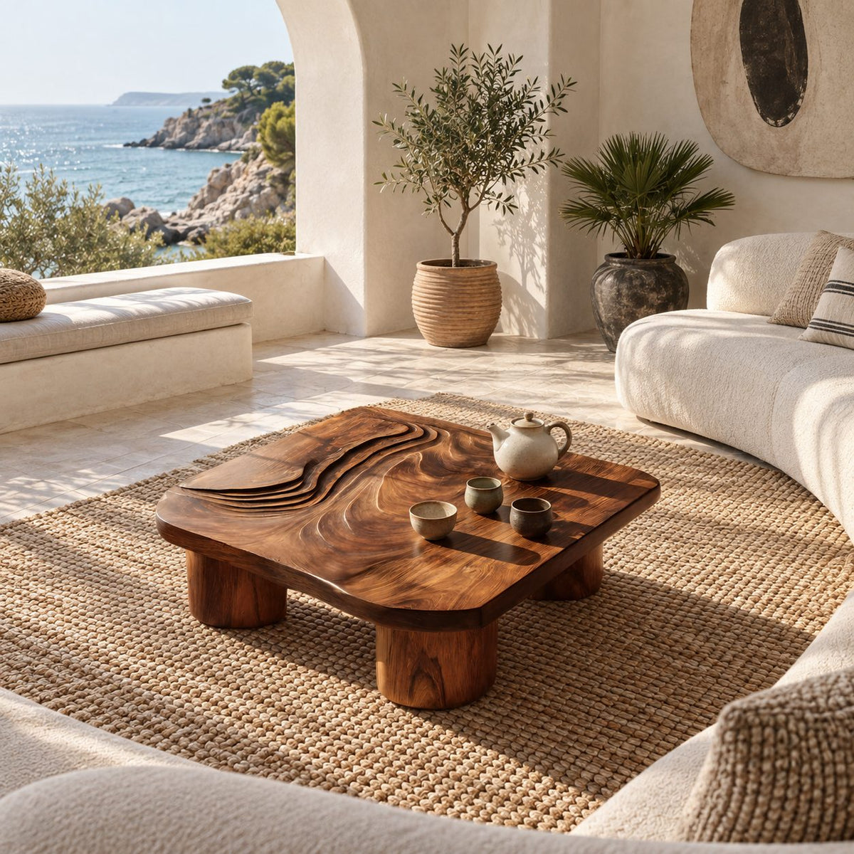 Contemporary Carved Wood Coffee Table With Chunky Stump Legs For Living Room