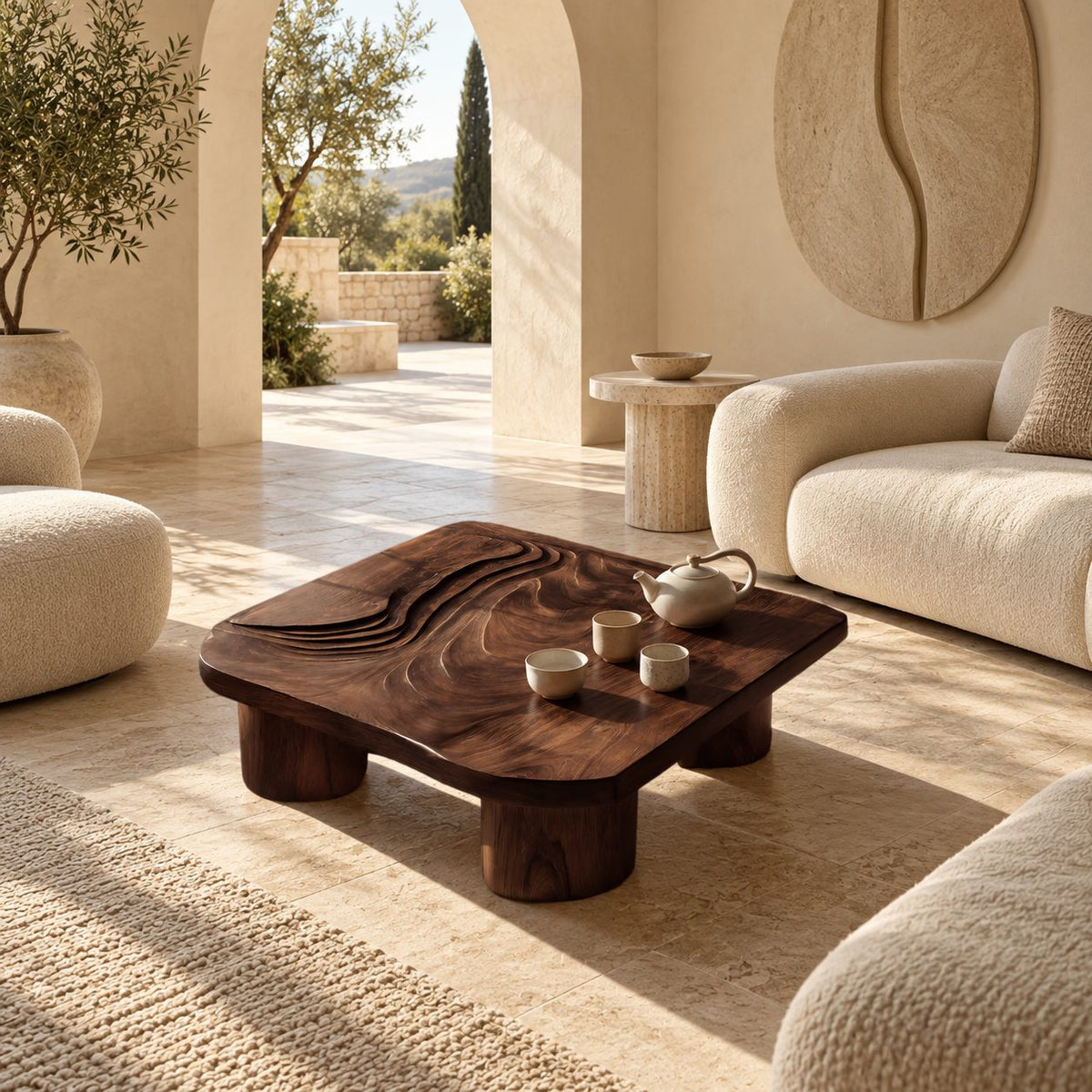 Contemporary Carved Wood Coffee Table With Chunky Stump Legs For Living Room
