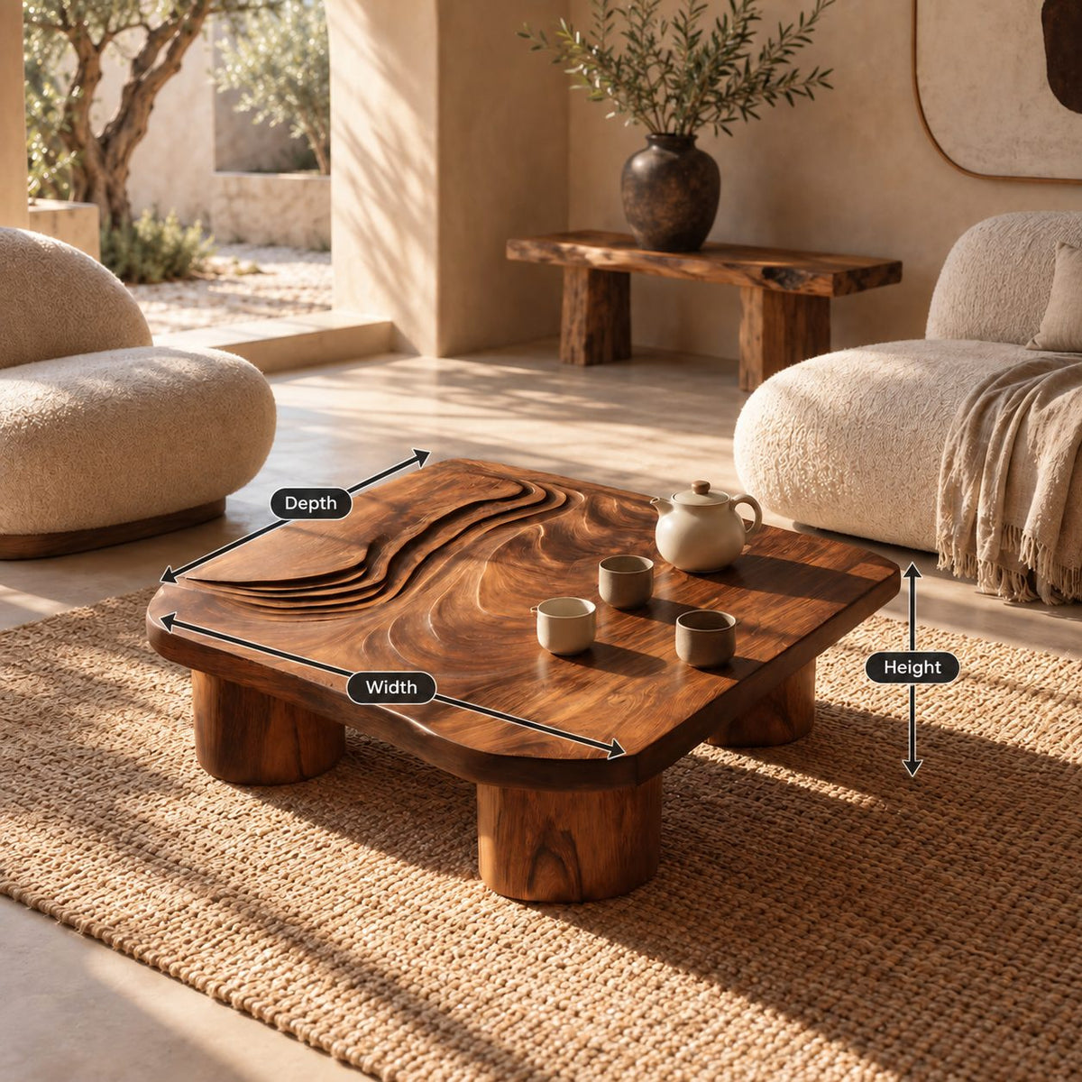 Contemporary Carved Wood Coffee Table With Chunky Stump Legs For Living Room