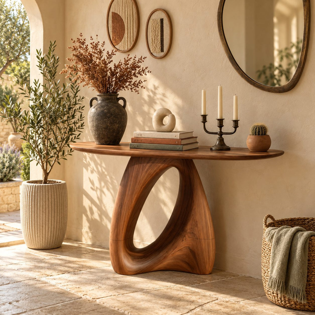 Organic Modern Console Table With Open Loop Pedestal For Entryway