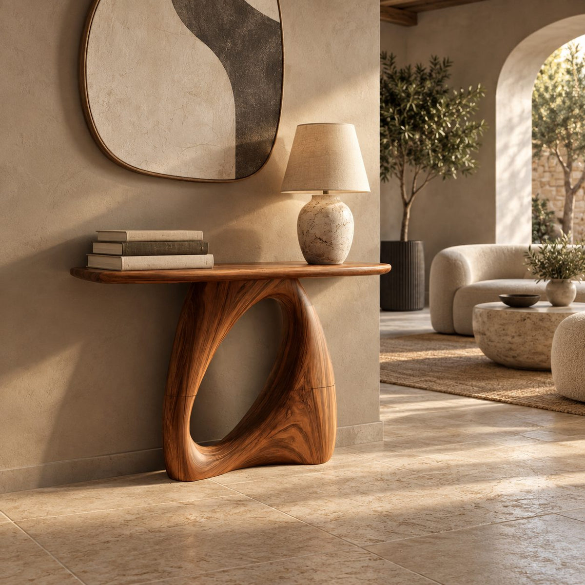 Organic Modern Console Table With Open Loop Pedestal For Entryway