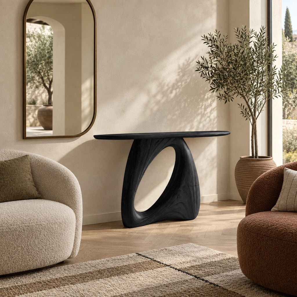 Organic Modern Console Table With Open Loop Pedestal For Entryway