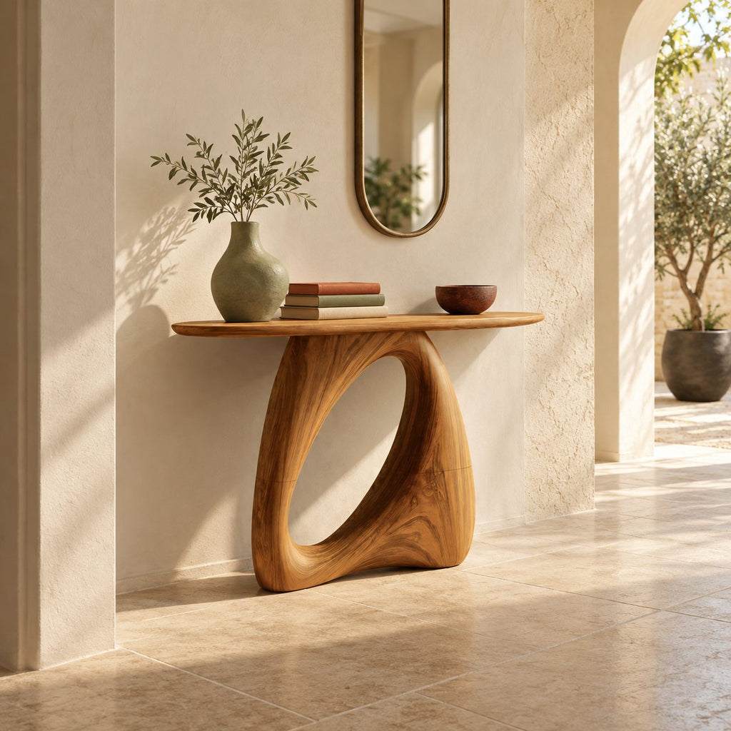 Organic Modern Console Table With Open Loop Pedestal For Entryway
