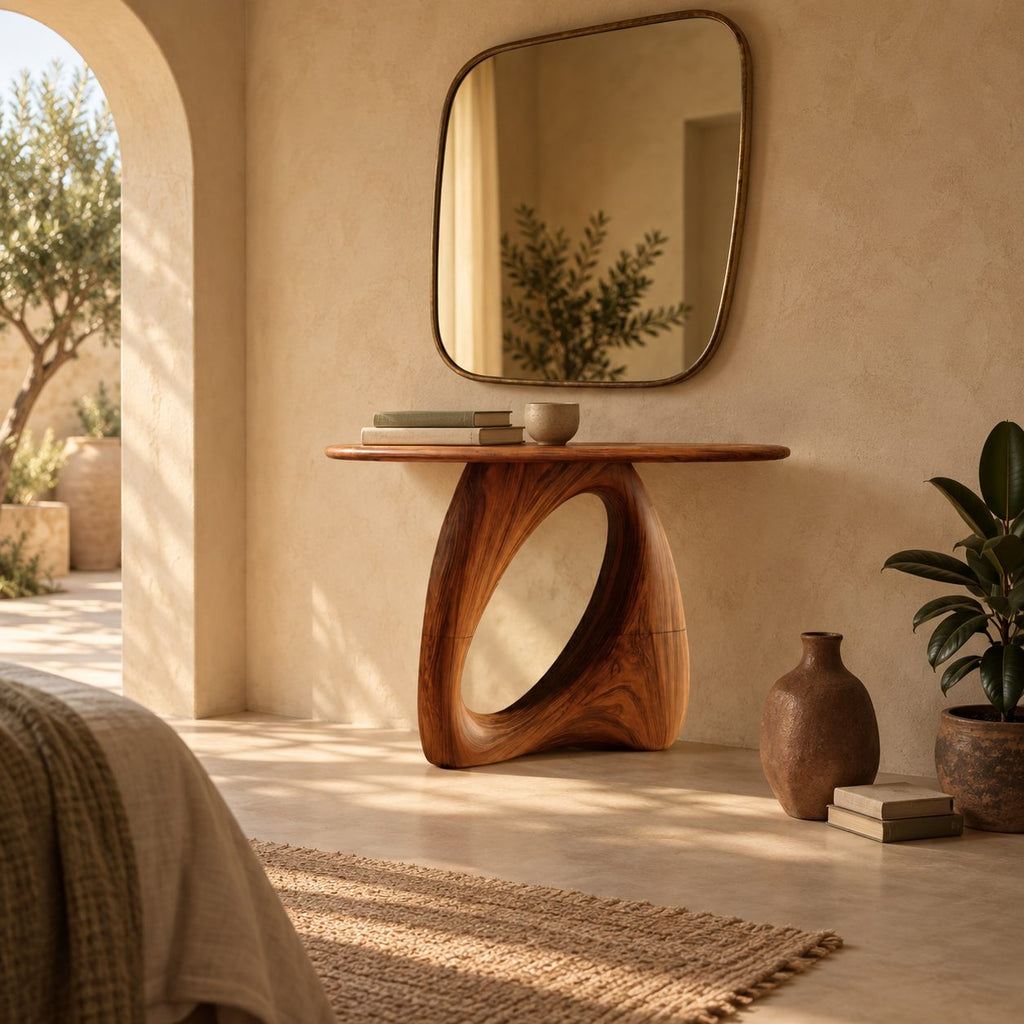 Organic Modern Console Table With Open Loop Pedestal For Entryway
