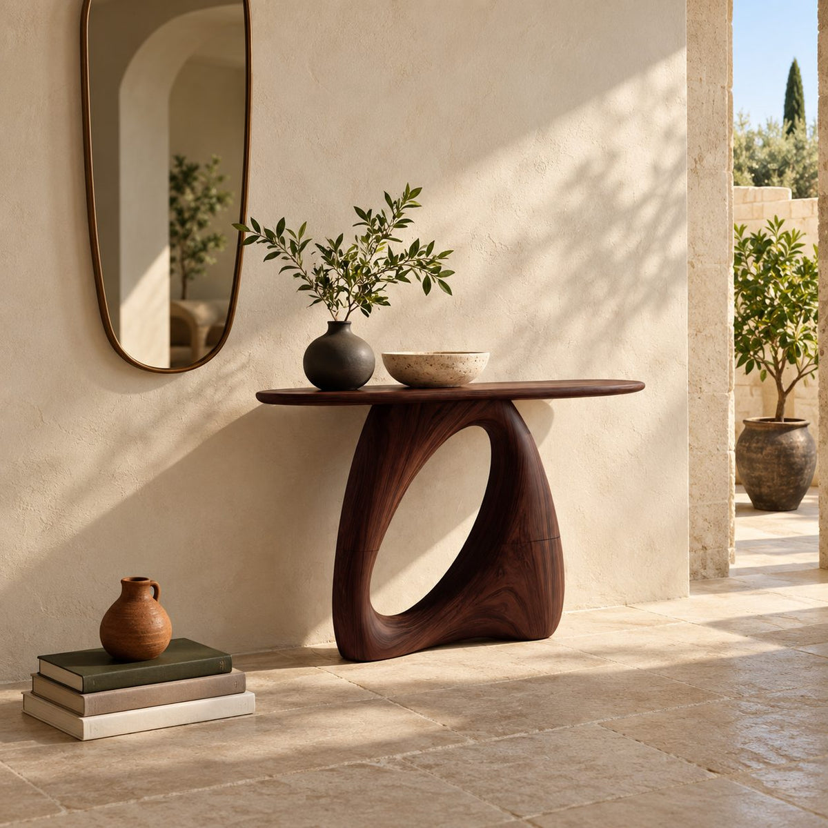 Organic Modern Console Table With Open Loop Pedestal For Entryway