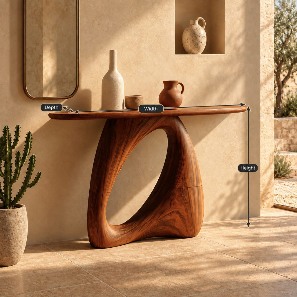 Organic Modern Console Table With Open Loop Pedestal For Entryway