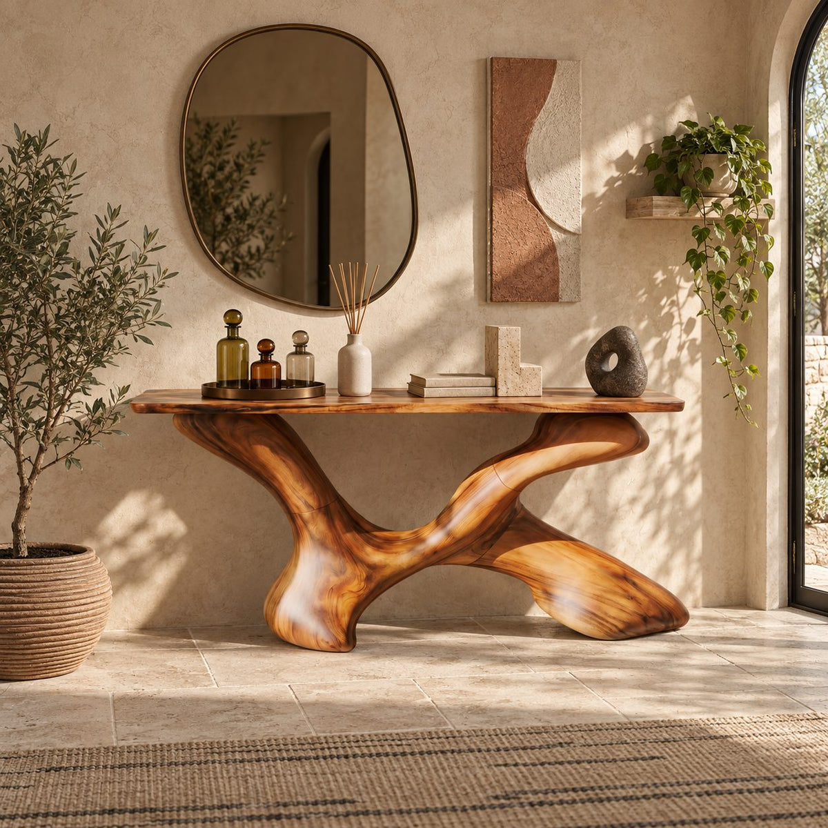 Artisan Sculptural Console Table With Twisting X Base For Entryway