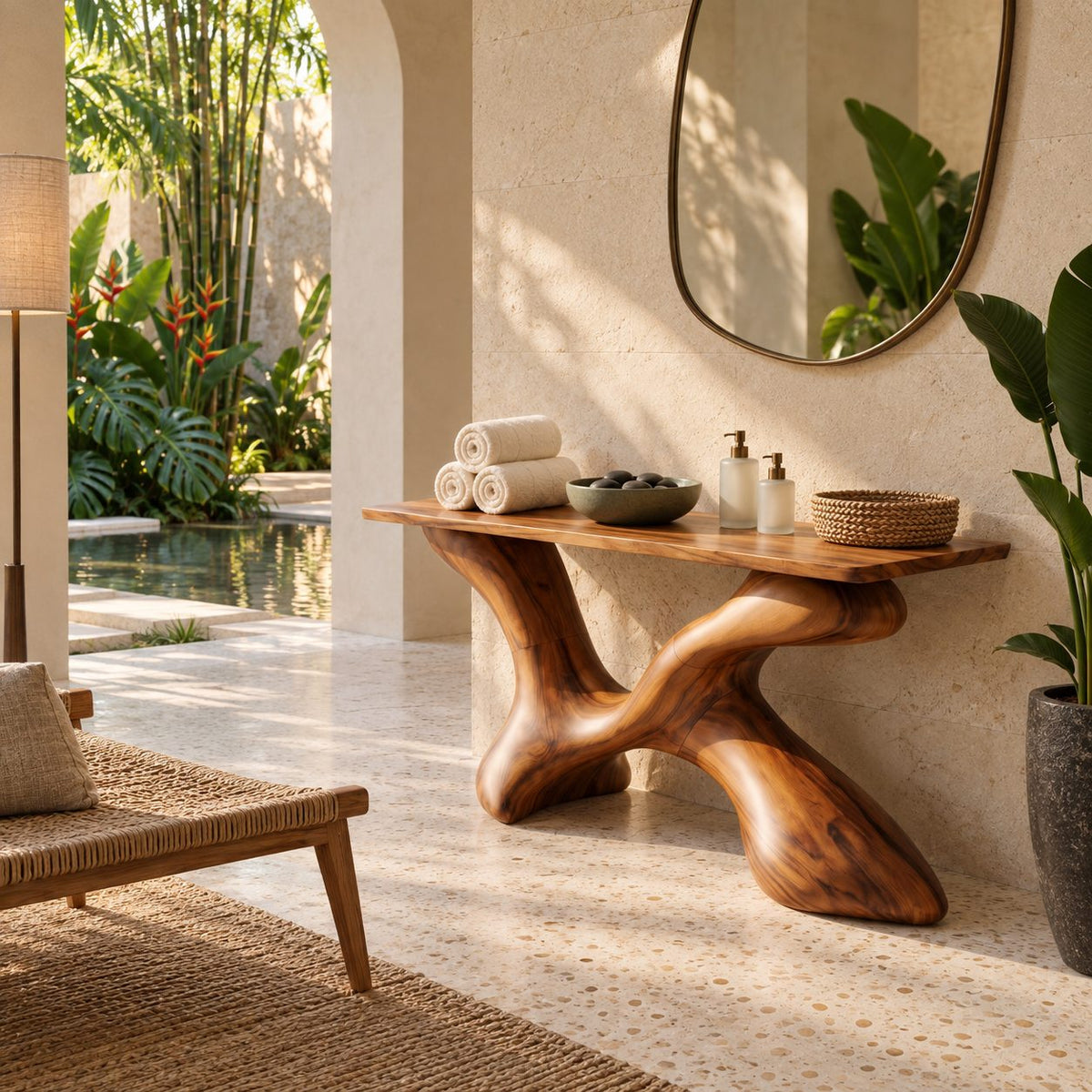 Artisan Sculptural Console Table With Twisting X Base For Entryway