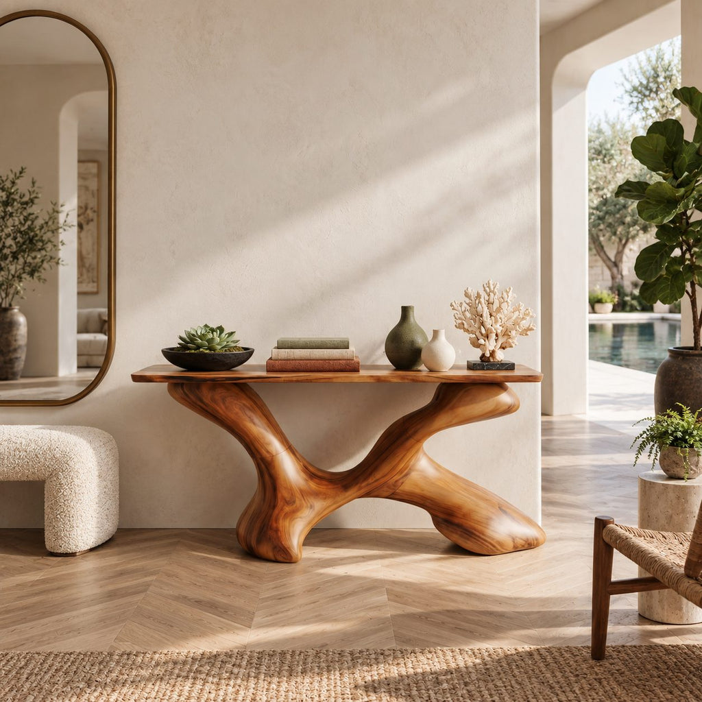 Artisan Sculptural Console Table With Twisting X Base For Entryway