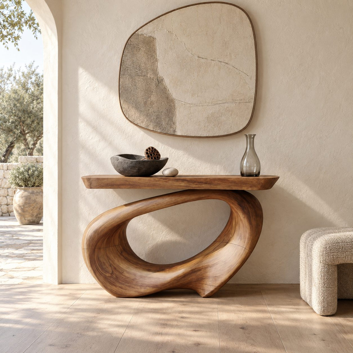 Contemporary Twisted Ribbon Console Table With Live Edge Top For Hallway