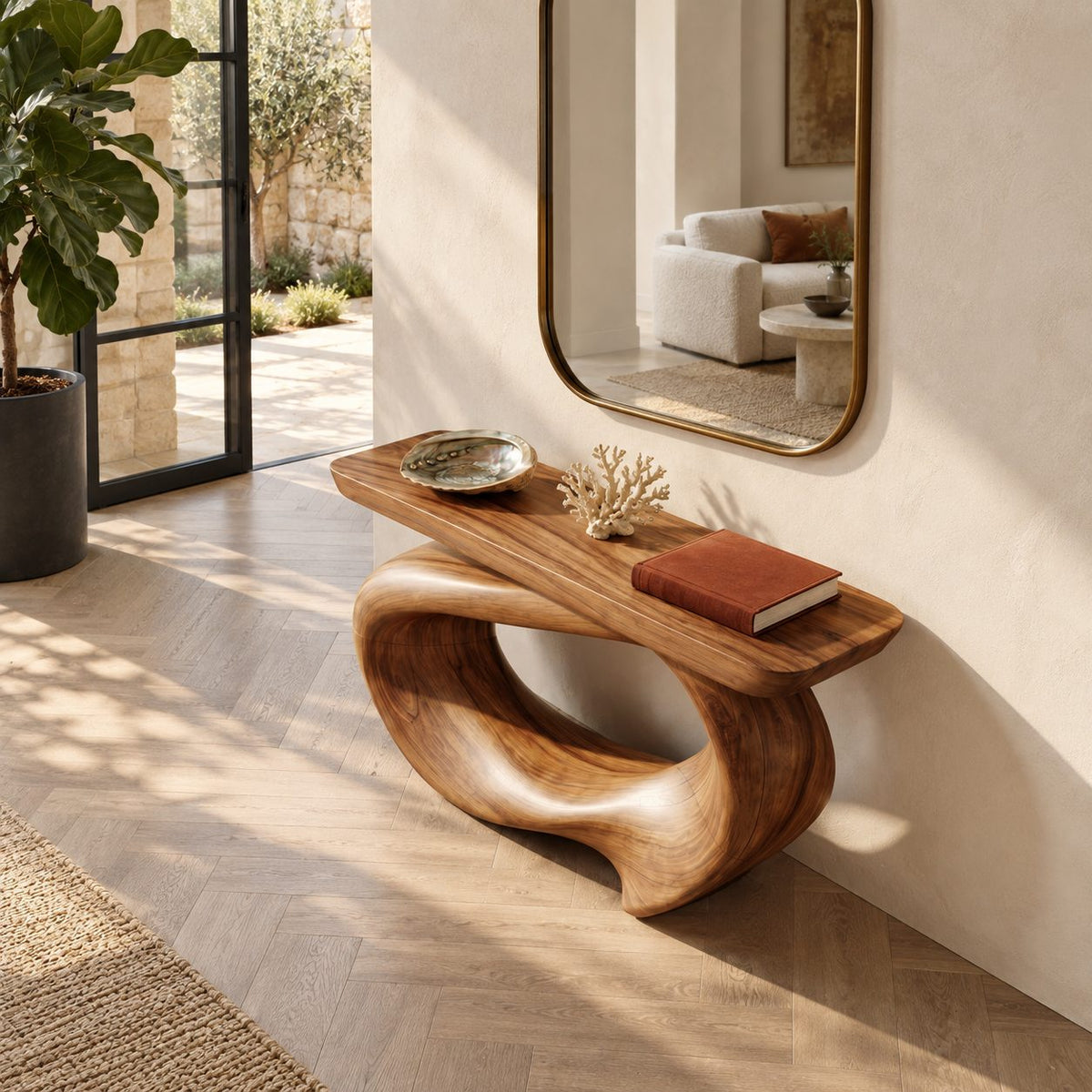 Contemporary Twisted Ribbon Console Table With Live Edge Top For Hallway