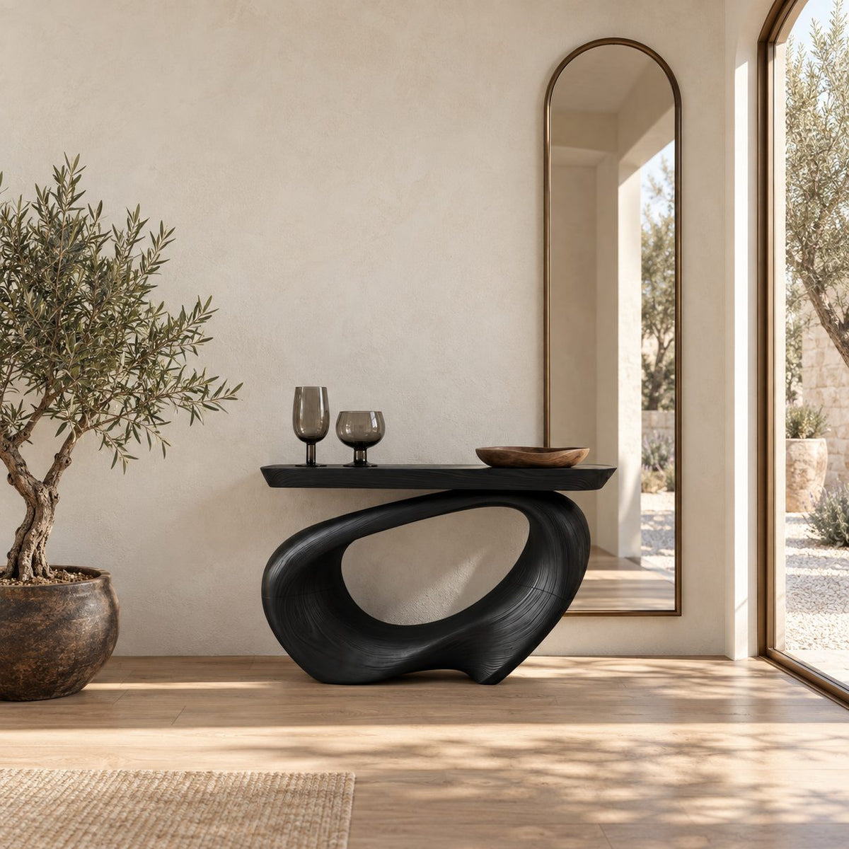 Contemporary Twisted Ribbon Console Table With Live Edge Top For Hallway