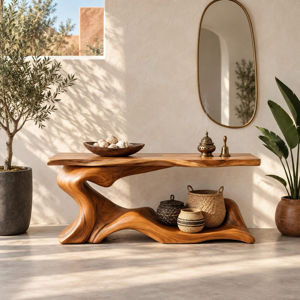 Live Edge Wave Base Console Table With Low Display Ledge For Entryway
