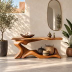 Live Edge Wave Base Console Table With Low Display Ledge For Entryway