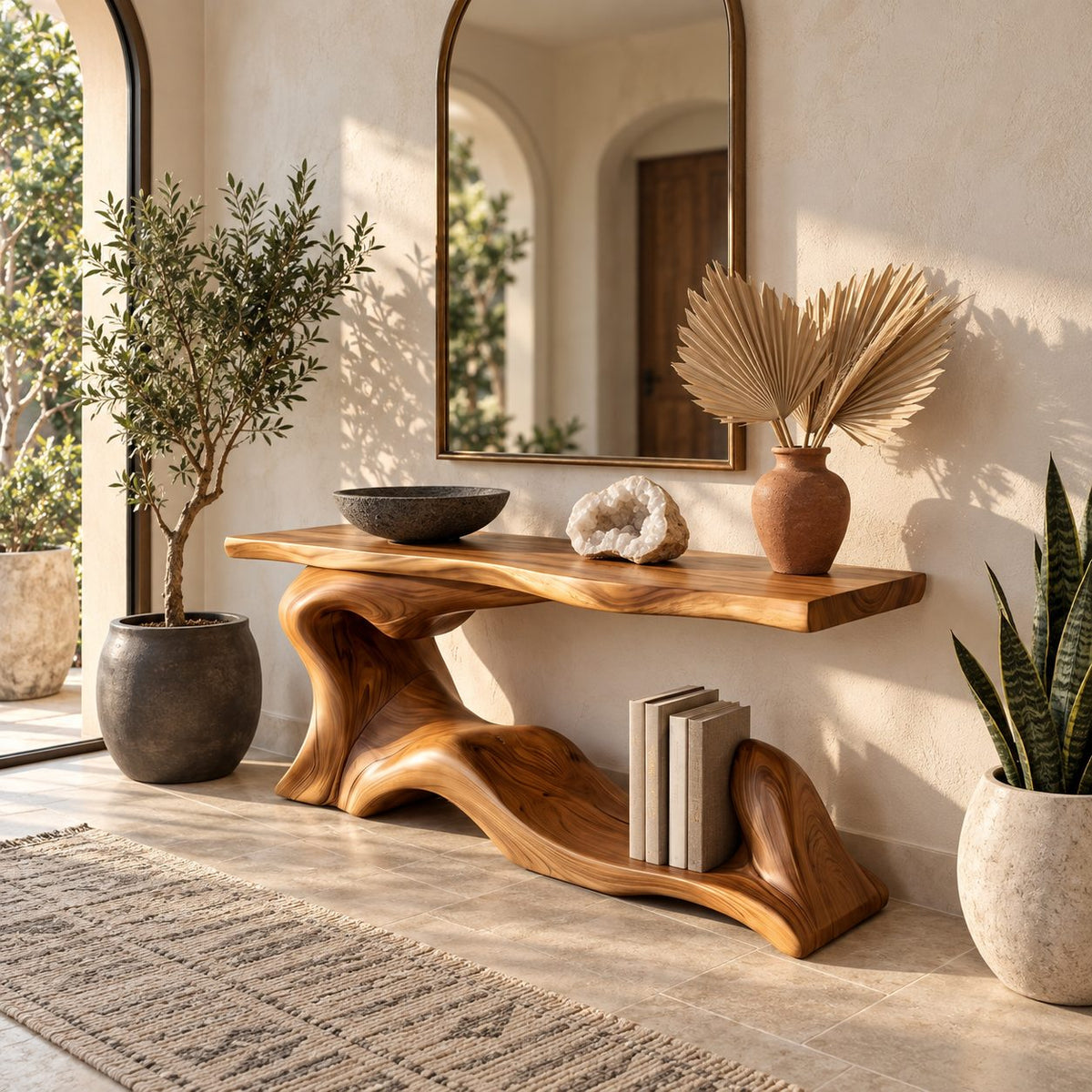 Live Edge Wave Base Console Table With Low Display Ledge For Entryway