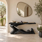 Live Edge Wave Base Console Table With Low Display Ledge For Entryway