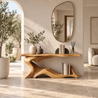 Live Edge Wave Base Console Table With Low Display Ledge For Entryway