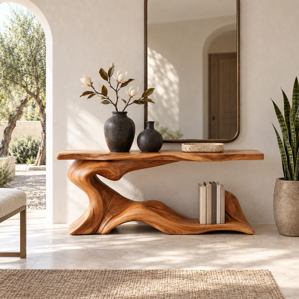 Live Edge Wave Base Console Table With Low Display Ledge For Entryway