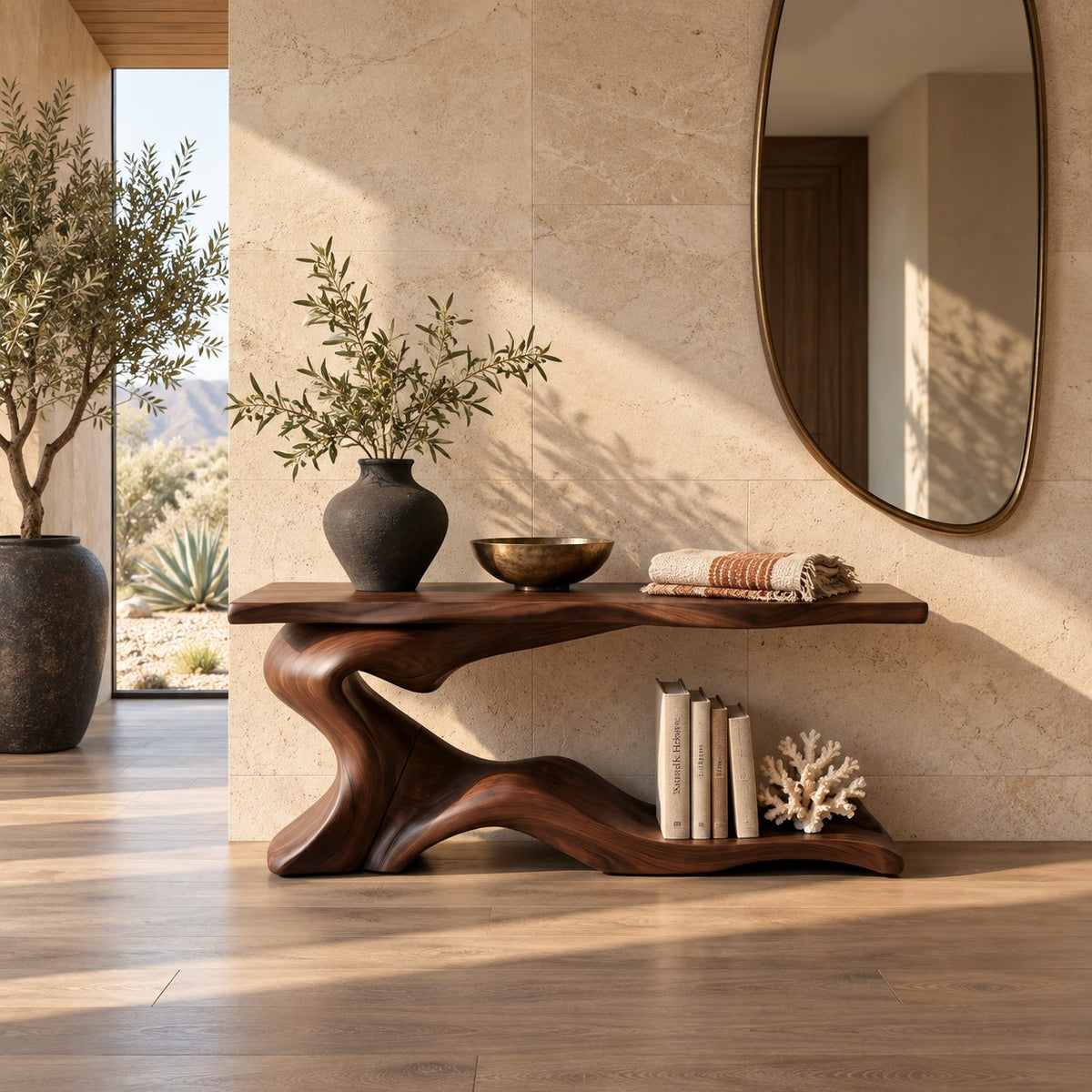 Live Edge Wave Base Console Table With Low Display Ledge For Entryway
