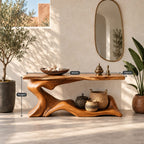 Live Edge Wave Base Console Table With Low Display Ledge For Entryway