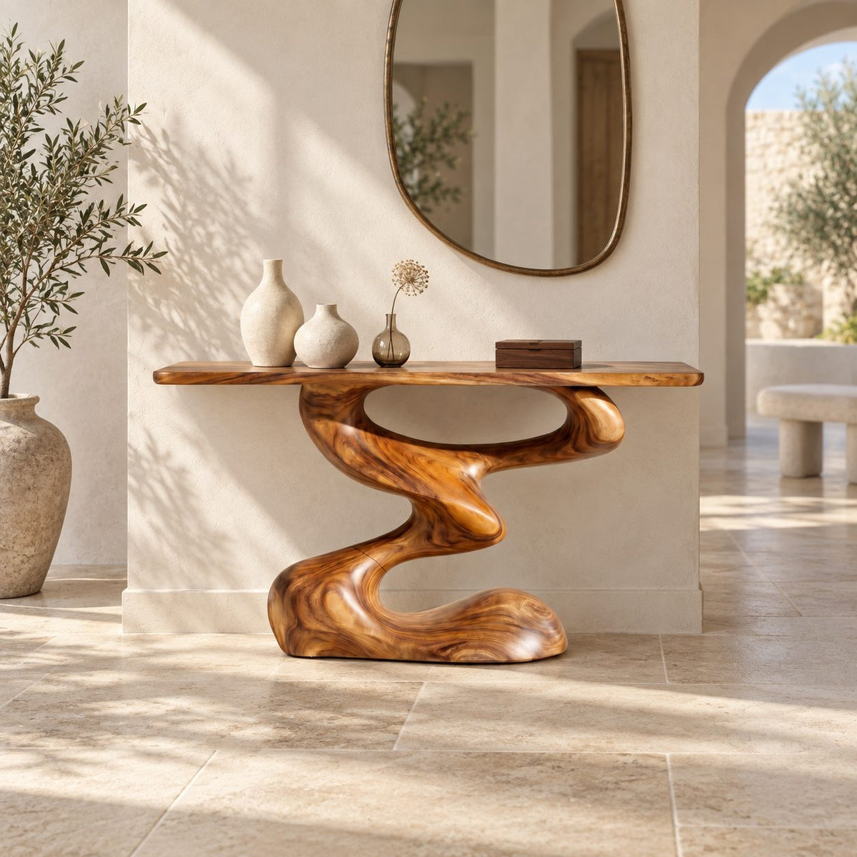 Mid Century Sculptural Console Table With S Curve Pedestal For Entryway