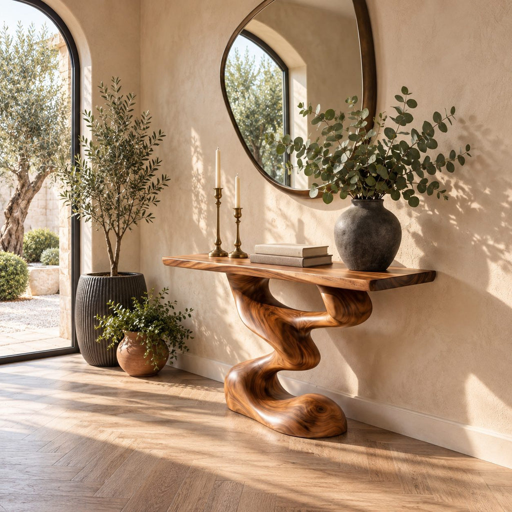 Mid Century Sculptural Console Table With S Curve Pedestal For Entryway