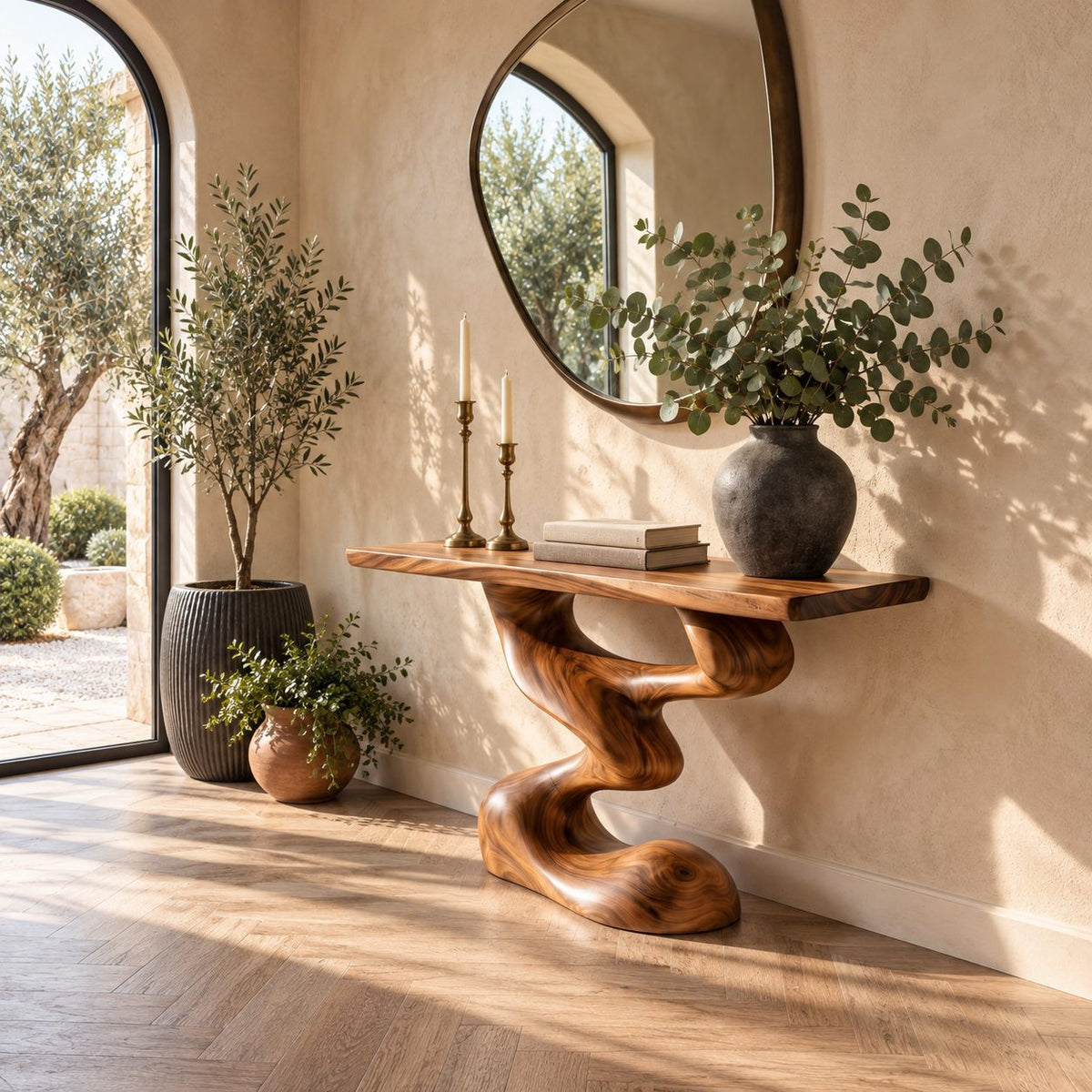 Mid Century Sculptural Console Table With S Curve Pedestal For Entryway