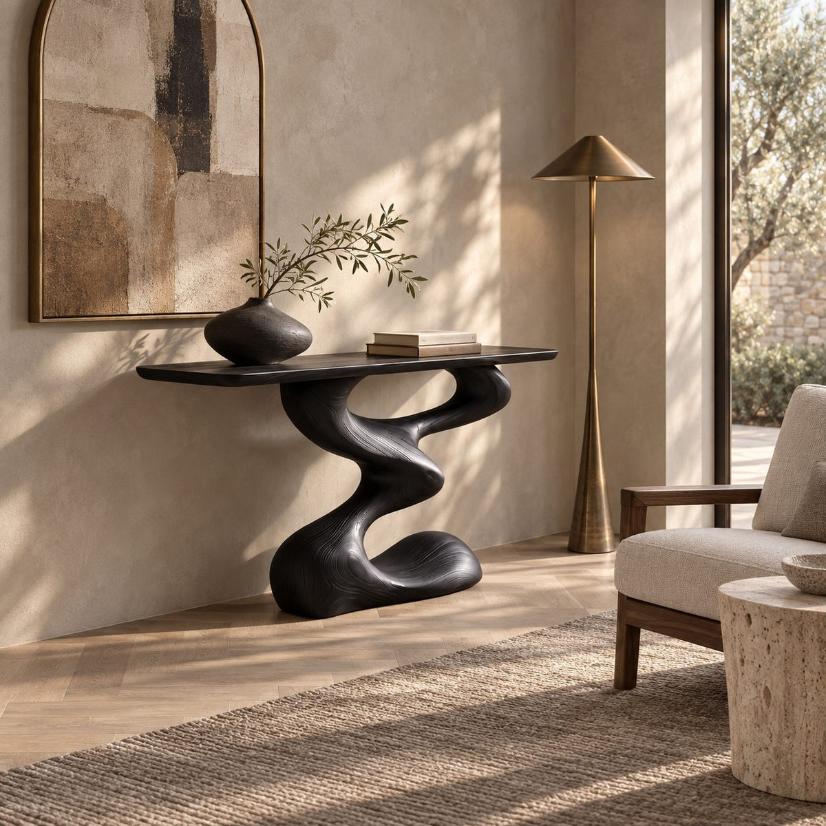 Mid Century Sculptural Console Table With S Curve Pedestal For Entryway