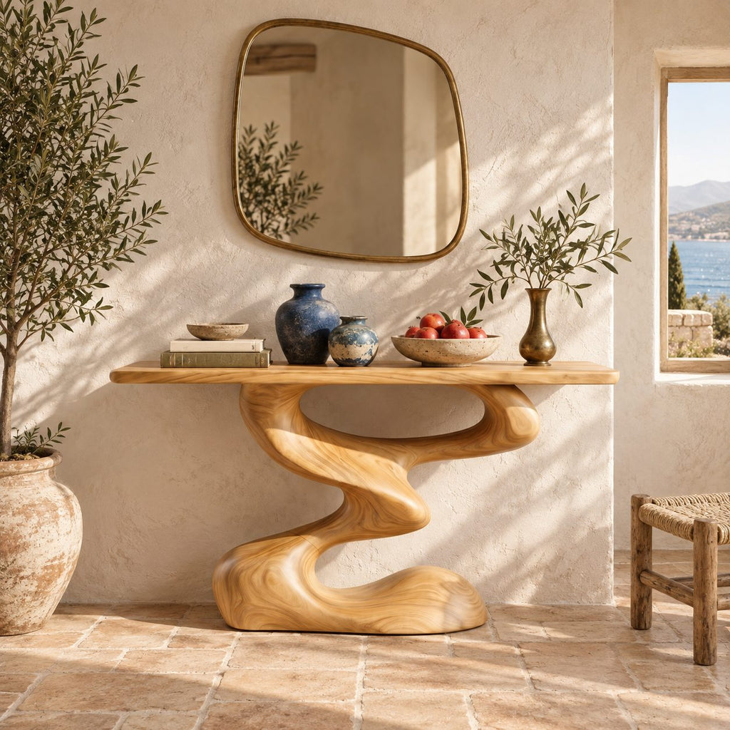 Mid Century Sculptural Console Table With S Curve Pedestal For Entryway