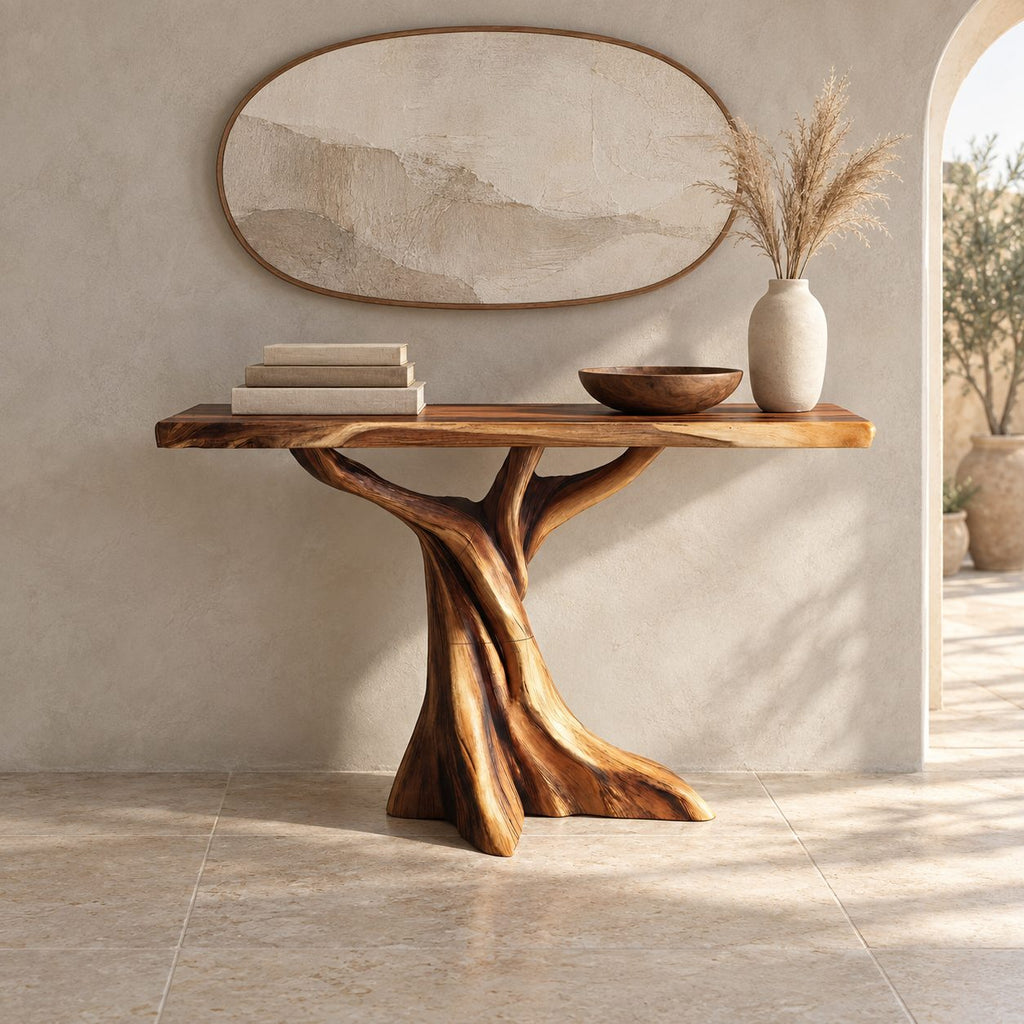 Rustic Live Edge Console Table With Tree Trunk Base For Entryway